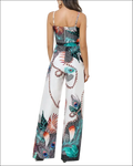 White jumpsuit featuring vibrant teal orange and black peacock feather print for stylish tropical wear