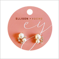 Pearl and cubic zirconia cluster stud earrings in rose gold finish on a pink ellison plus young card for luxury women’s fashion