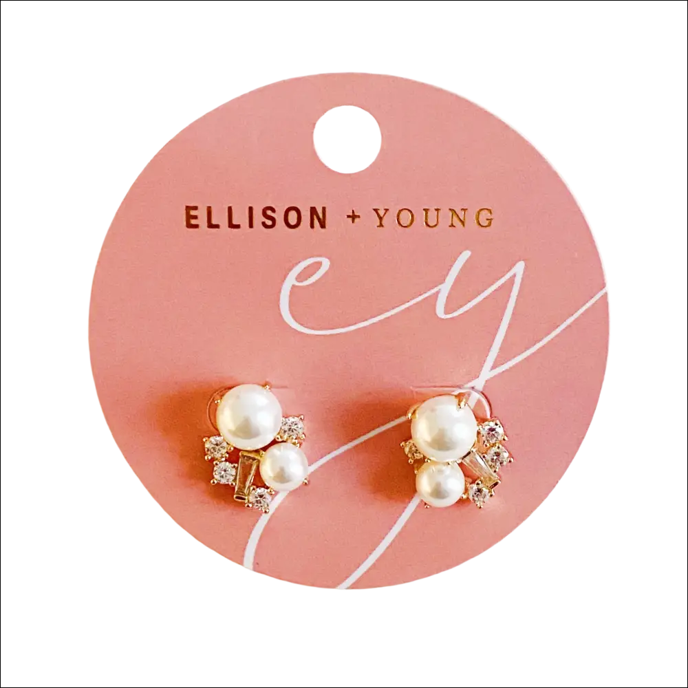 Pearl and cubic zirconia cluster stud earrings in rose gold finish on a pink ellison plus young card for luxury women’s fashion
