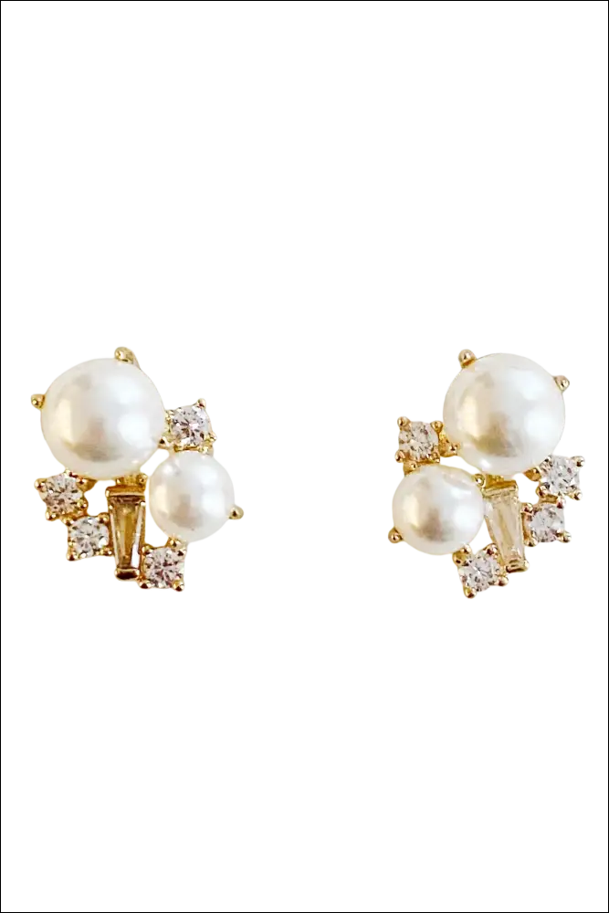 Gold-toned stud earrings with white pearls and cubic zirconia for luxury women’s fashion accessories