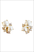 Gold-toned pearl and cubic zirconia cluster stud earrings in a floral design for luxury women’s fashion
