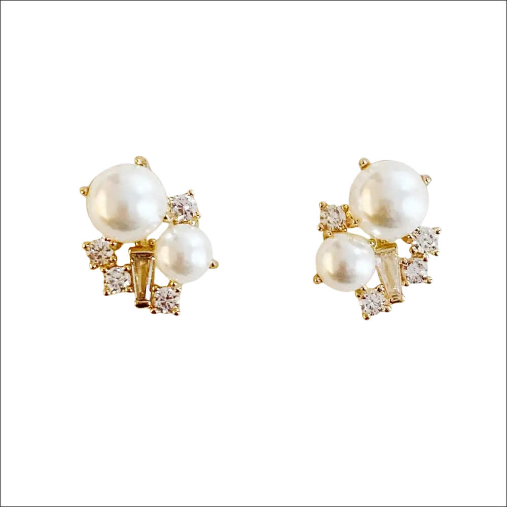 Gold-toned stud earrings with pearl and cubic zirconia cluster for luxury women’s fashion accessories