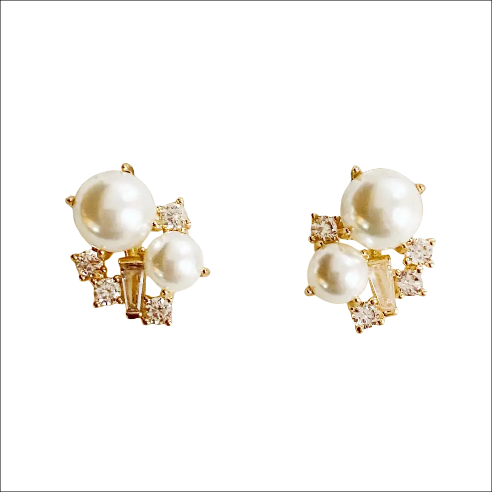 Gold-toned stud earrings with white pearls and cubic zirconia for luxury women’s fashion accessories