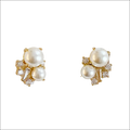 Gold-toned stud earrings with two white pearls surrounded by cubic zirconia for luxury women’s fashion