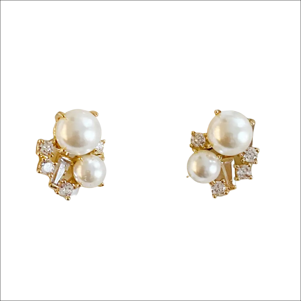 Gold-toned stud earrings with two white pearls surrounded by cubic zirconia for luxury women’s fashion