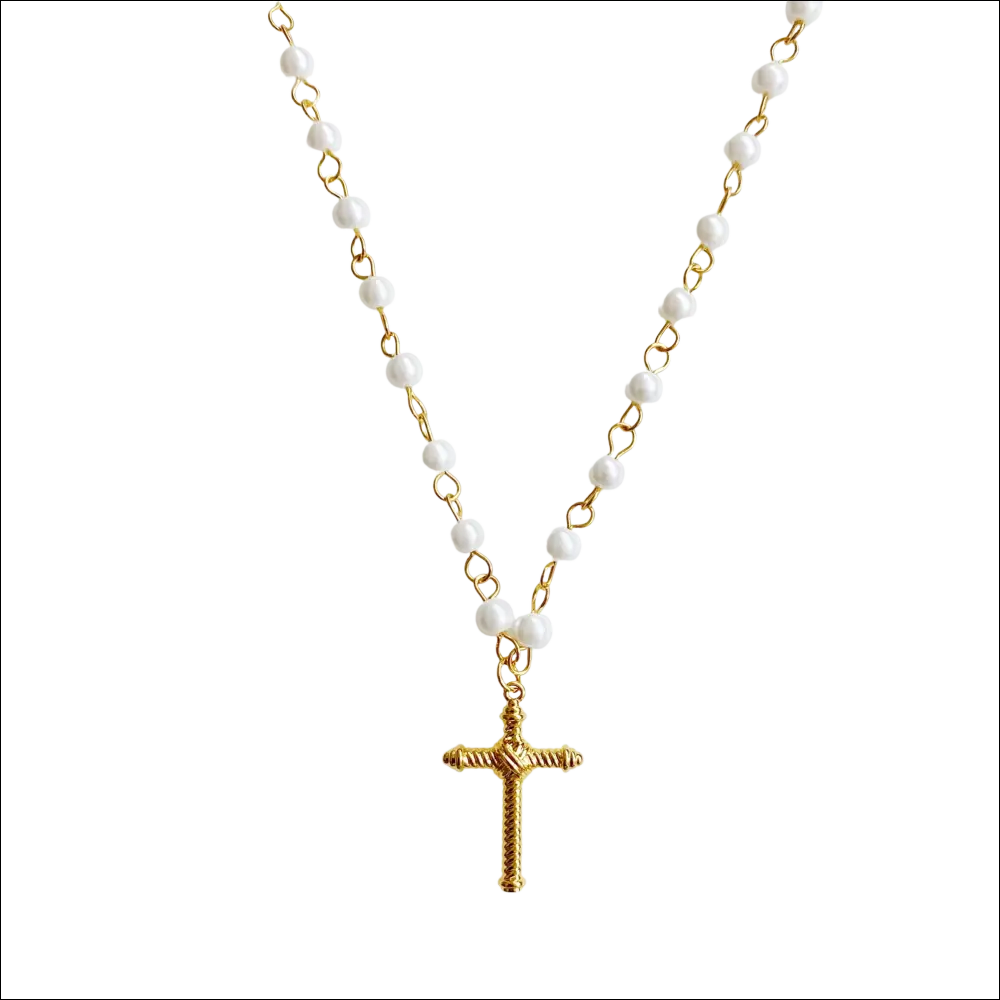 Gold-toned cross pendant necklace with white pearl beads and twisted rope design for luxury women’s fashion
