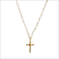 Gold-toned cross pendant necklace with white pearl beads and twisted rope design for luxury women’s fashion