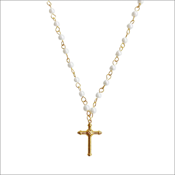 Gold-toned cross pendant necklace with white pearl beads and twisted rope design for luxury women’s fashion