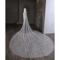 A flowing sheer white luxury wedding veil with delicate white pearl beaded accents cascading to the floor