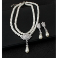 Elegant two-strand pearl lotus pendant alloy necklace set with silver-toned crystals perfect for bride wedding jewelry