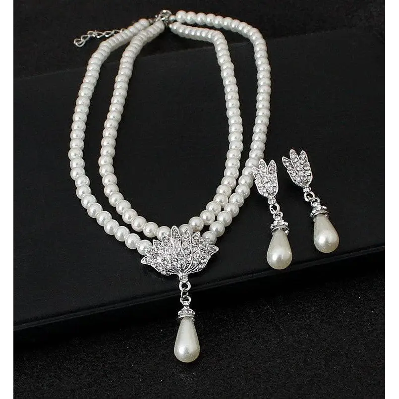 Elegant two-strand pearl lotus pendant alloy necklace set with silver-toned crystals perfect for bride wedding jewelry