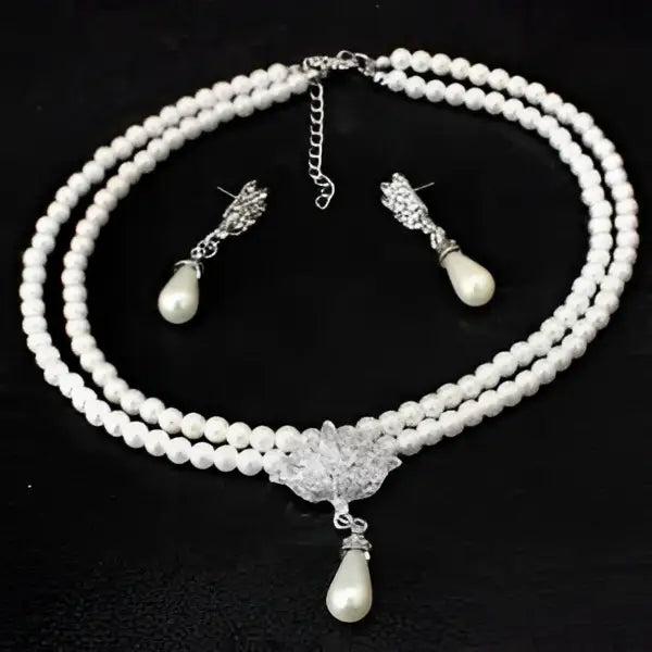Elegant two-strand pearl lotus pendant alloy necklace set with silver-toned crystals perfect for bride wedding jewelry