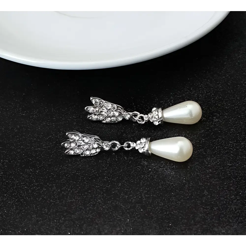 Silver-winged dangle earrings with sparkling rhinestones and white pearls for bride wedding pearl lotus pendant alloy necklace set
