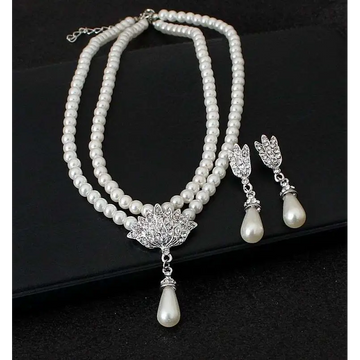 Elegant two-strand pearl lotus pendant alloy necklace set with silver-toned pendant and crystal drop earrings for bride wedding
