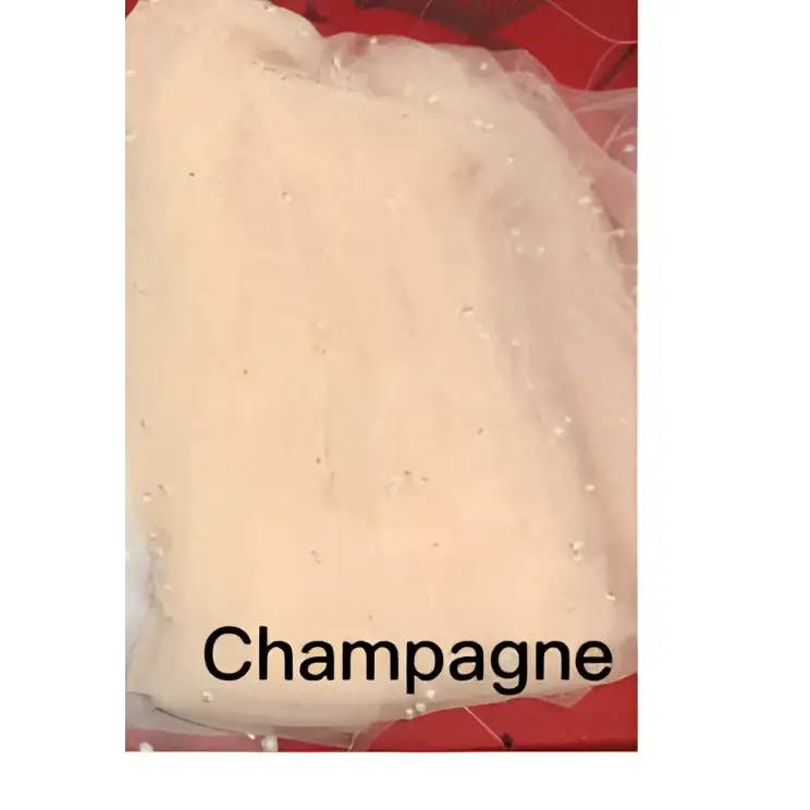 Pearl wedding veil made of champagne-colored tulle with delicate beading for long bridal cathedral use