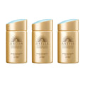 Three golden anessa perfect uv sunscreen skincare milk bottles with light blue caps in a 60ml 3pc set
