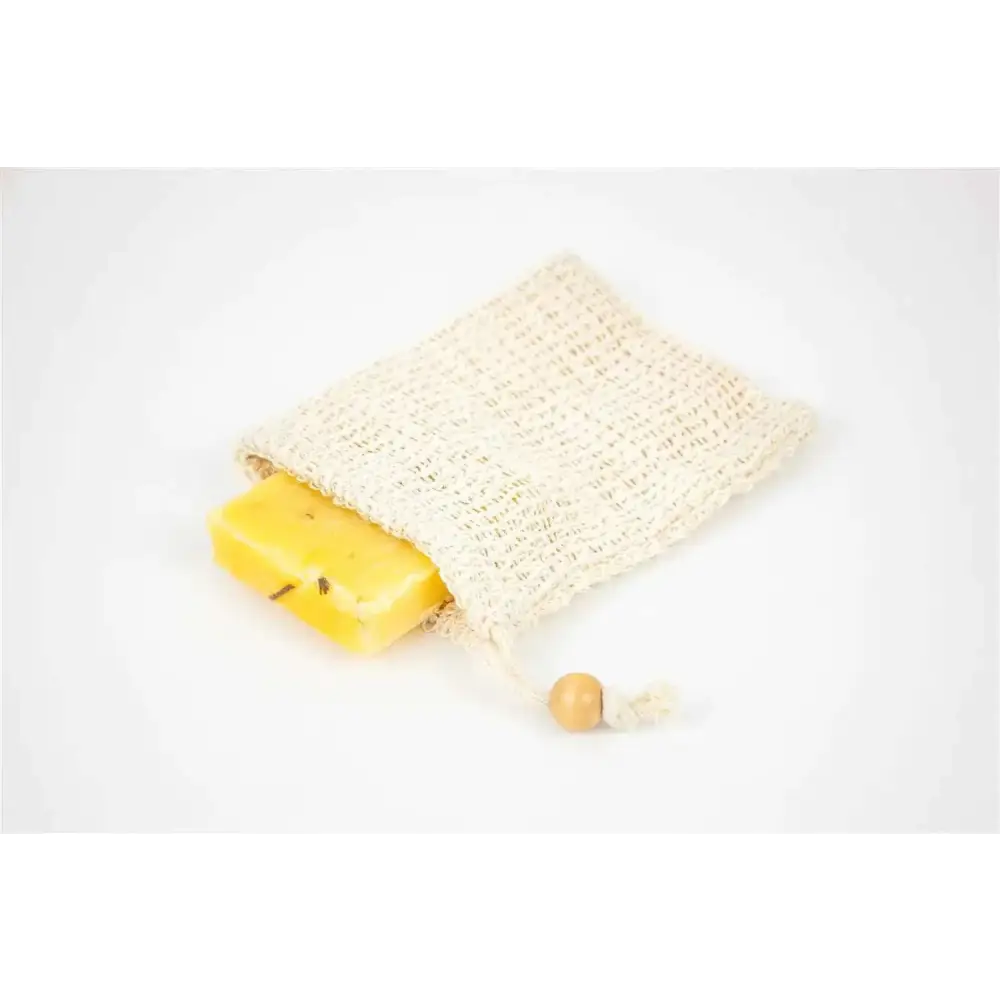 Beige woven mesh soap bag with wooden toggle closure for personalized ashley pampering natural skincare mom gift