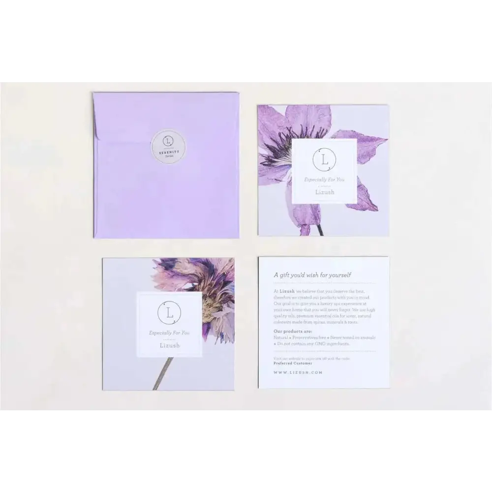 Lavender-colored paper envelope with silver logo sticker for personalized ashley pampering natural skincare mom gift
