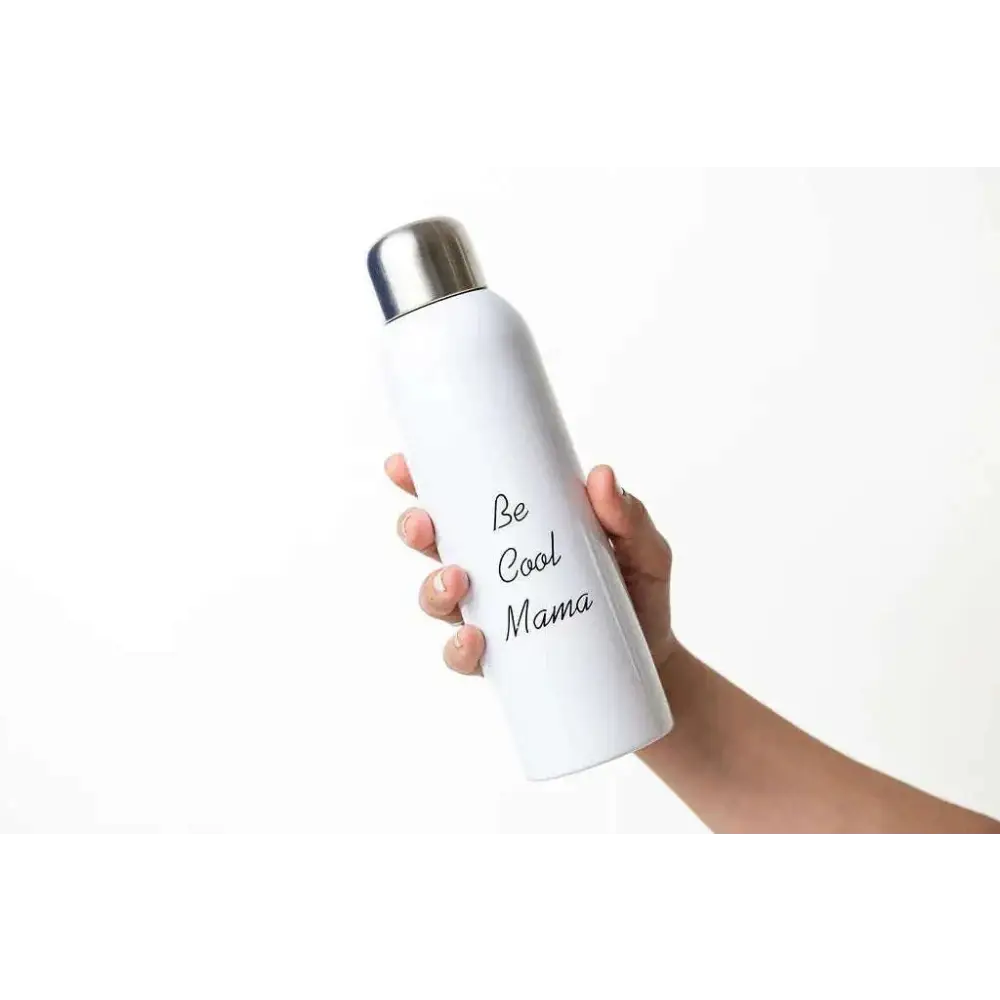 White insulated water bottle with silver lid and be cool mama text for personalized ashley pampering skincare mom gift