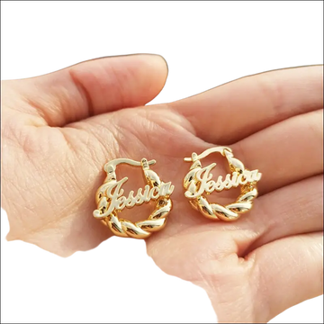 Gold-colored twisted rope hoop earrings engraved with jessica name for personalized diy heart birthstone jewelry