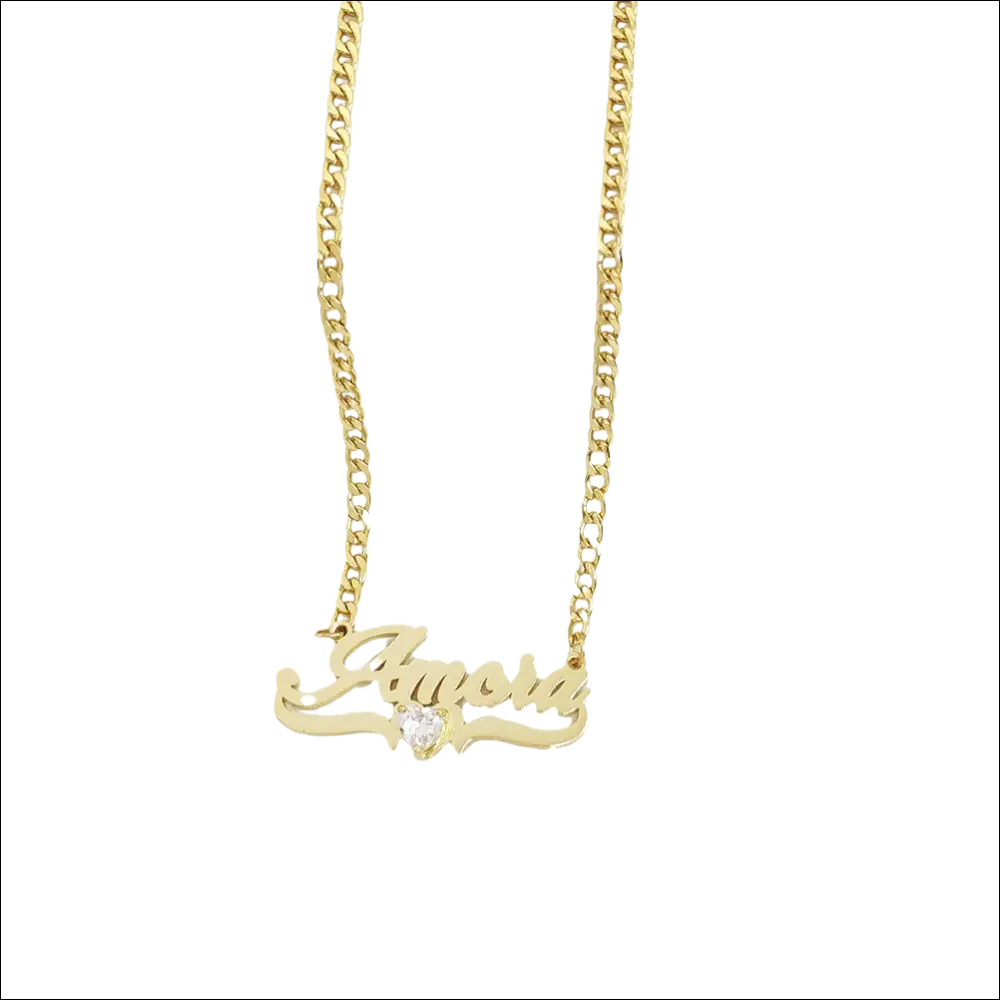 Gold-colored personalized diy chain necklace with cursive amora pendant and heart birthstone diamond accent for luxury women’s fashion