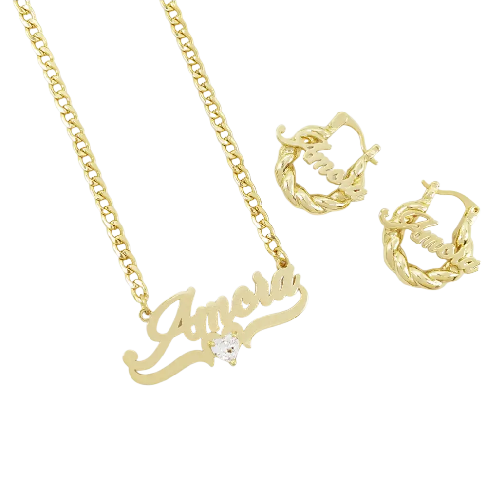 Gold-colored personalized diy name necklace with heart birthstone crystal and matching twisted rope hoop earrings amora luxury women’s fashion