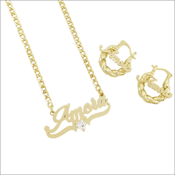 Gold-colored personalized diy name necklace with heart birthstone crystal and matching twisted rope hoop earrings amora luxury women’s fashion