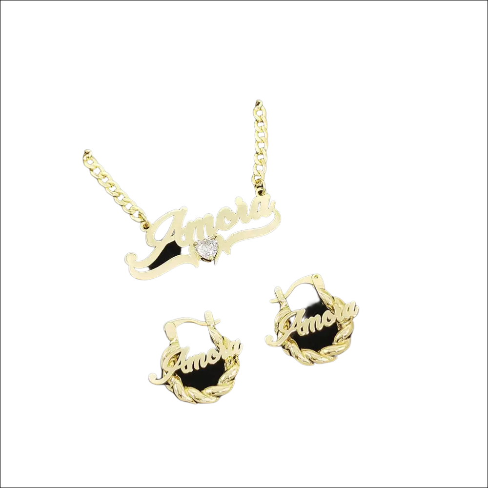 Gold-colored personalized diy name necklace with heart birthstone crystal and matching twisted rope hoop earrings amora luxury women’s fashion