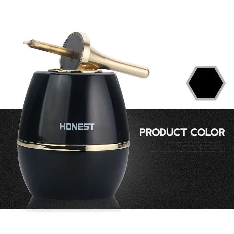 Black glossy personalized metal creative oil-electric hybrid lighter jar with gold accents and matching applicator branded honest
