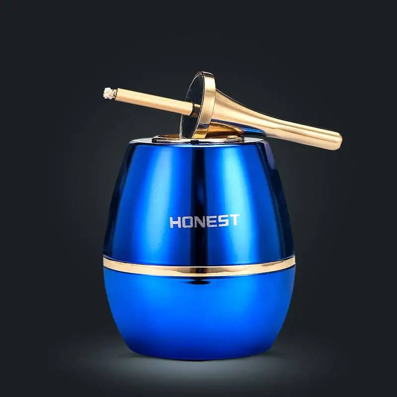 Blue metallic personalized metal creative oil-electric hybrid lighter ashtray with gold-tone lid and honest brand name