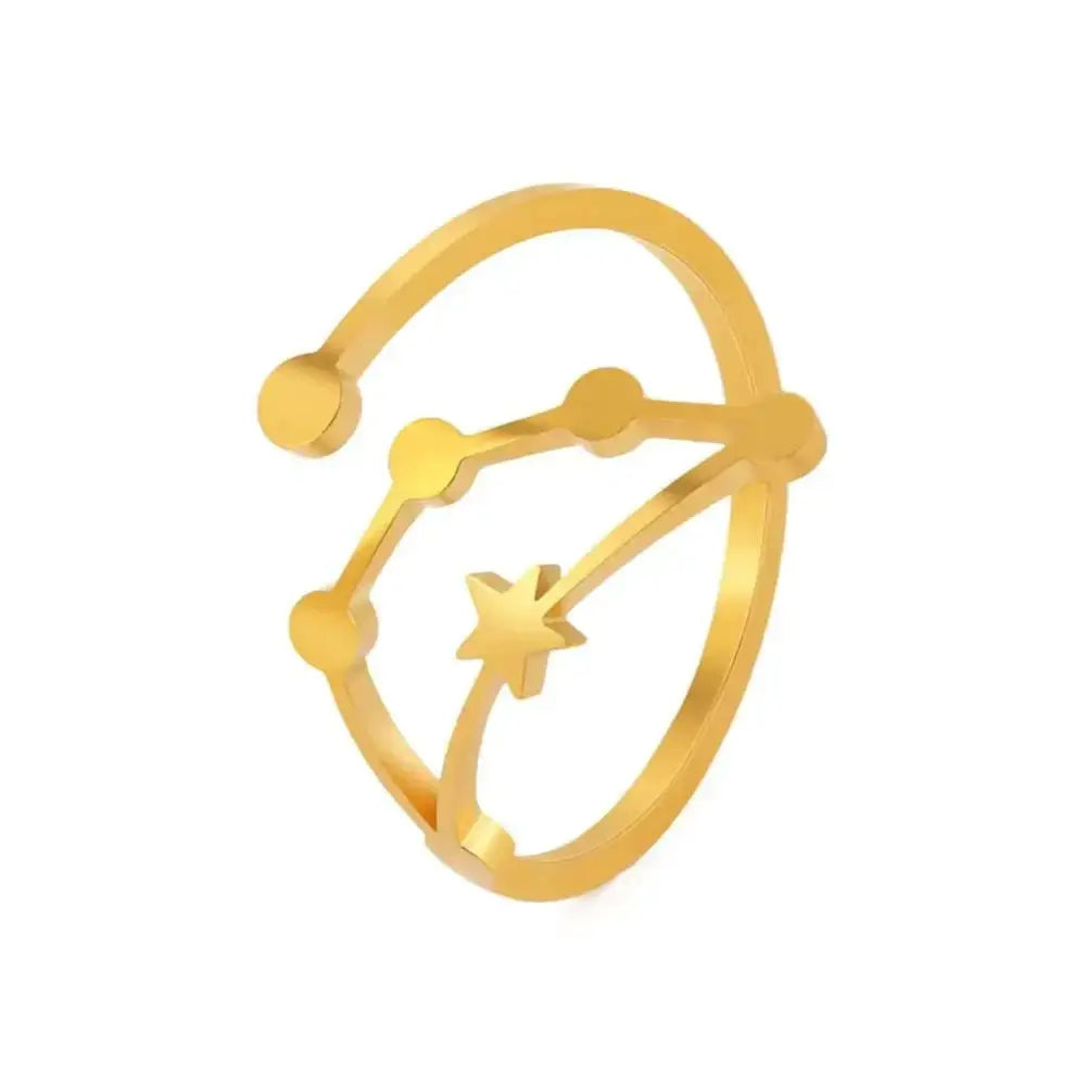 Personalized stainless steel gold-toned constellation ring with central star and astrological pattern design