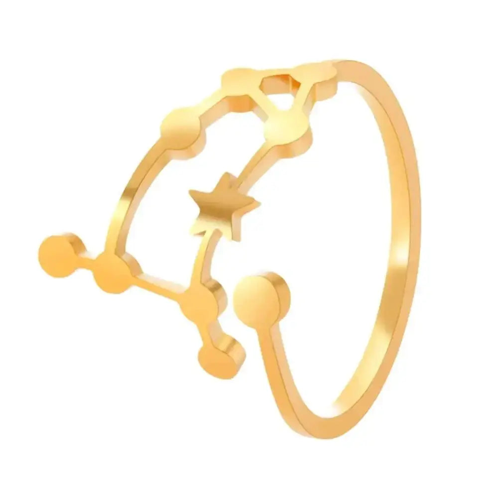 Personalized stainless steel constellation ring in gold color featuring star and connected dots astronomical pattern