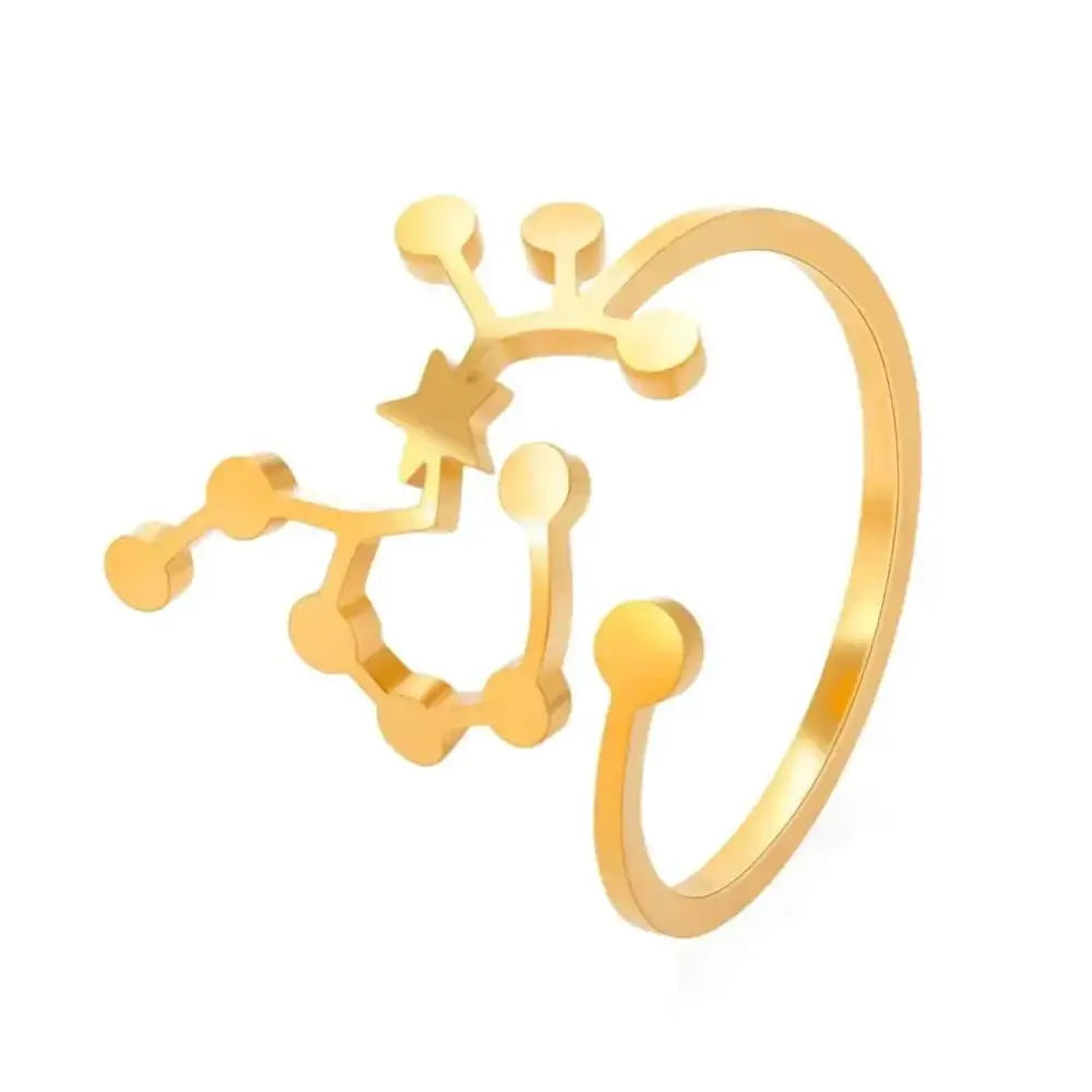 Gold-colored open band personalized stainless steel constellation ring with connected beads and a central star design