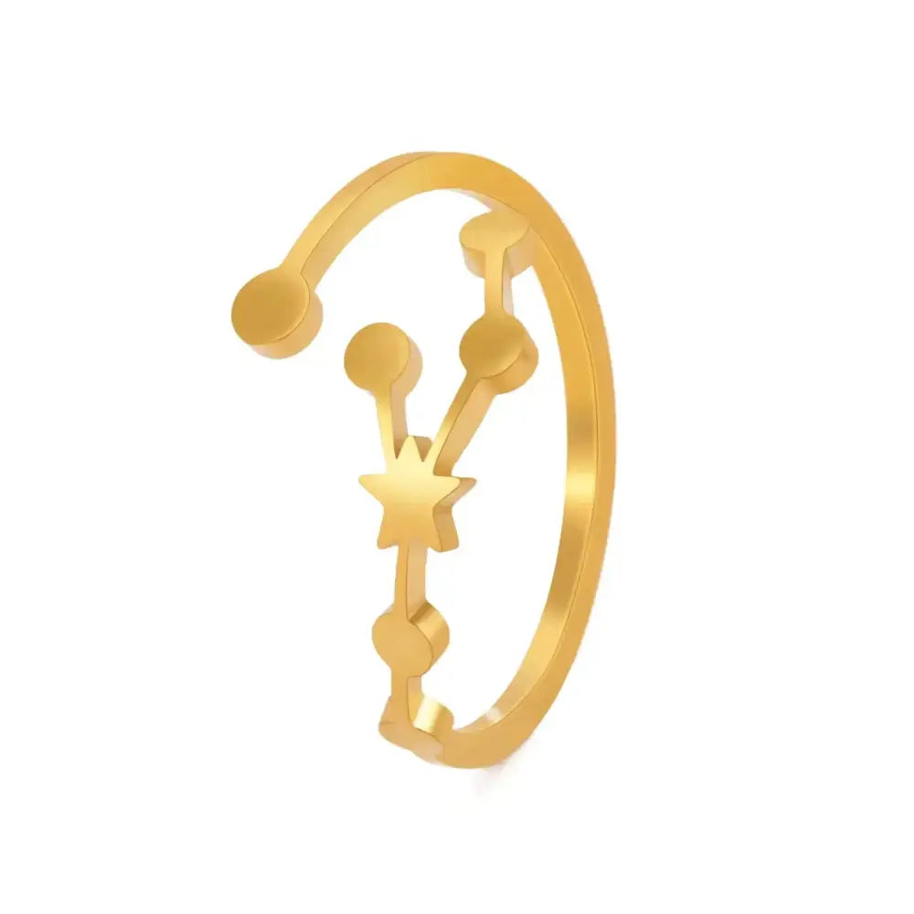 Gold-colored open-ended personalized stainless steel constellation ring with connected beads and central star motif