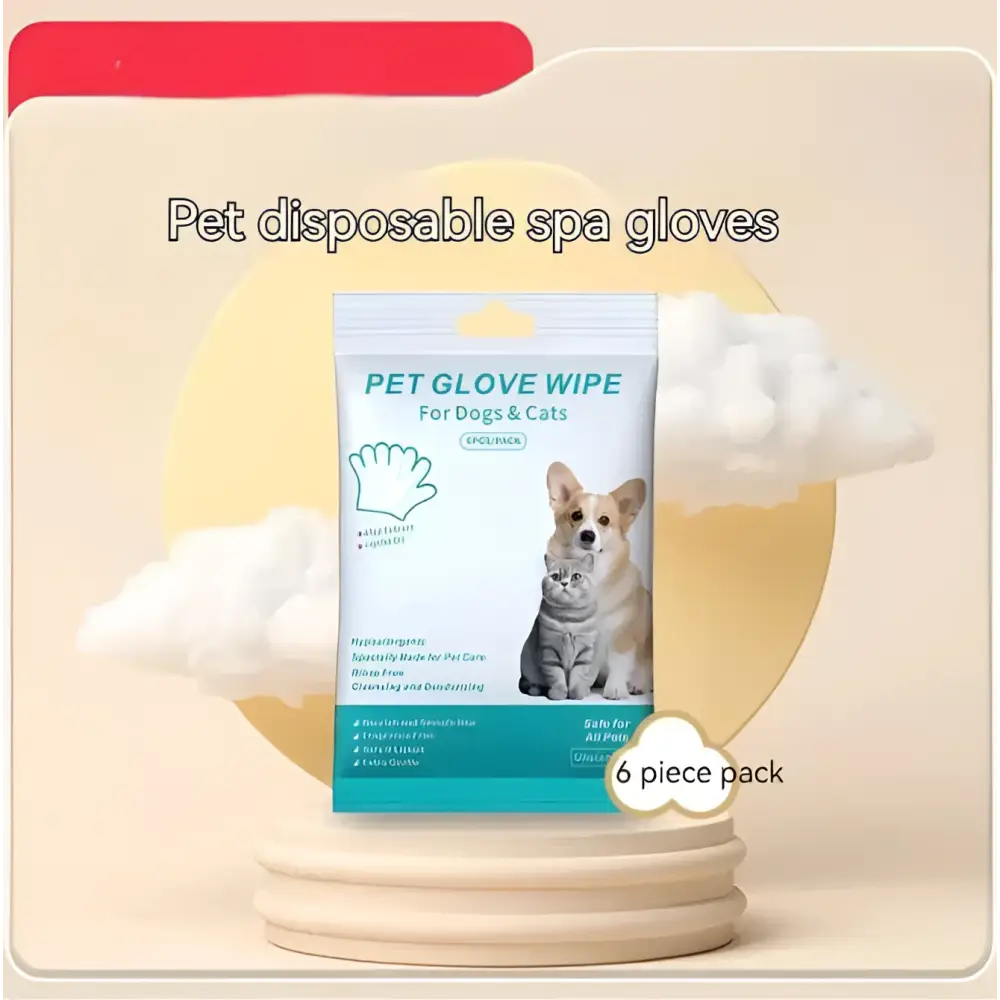 White and teal pet cleaning gloves package for dogs and cats featuring corgi and cat illustration for easy pet cleaning