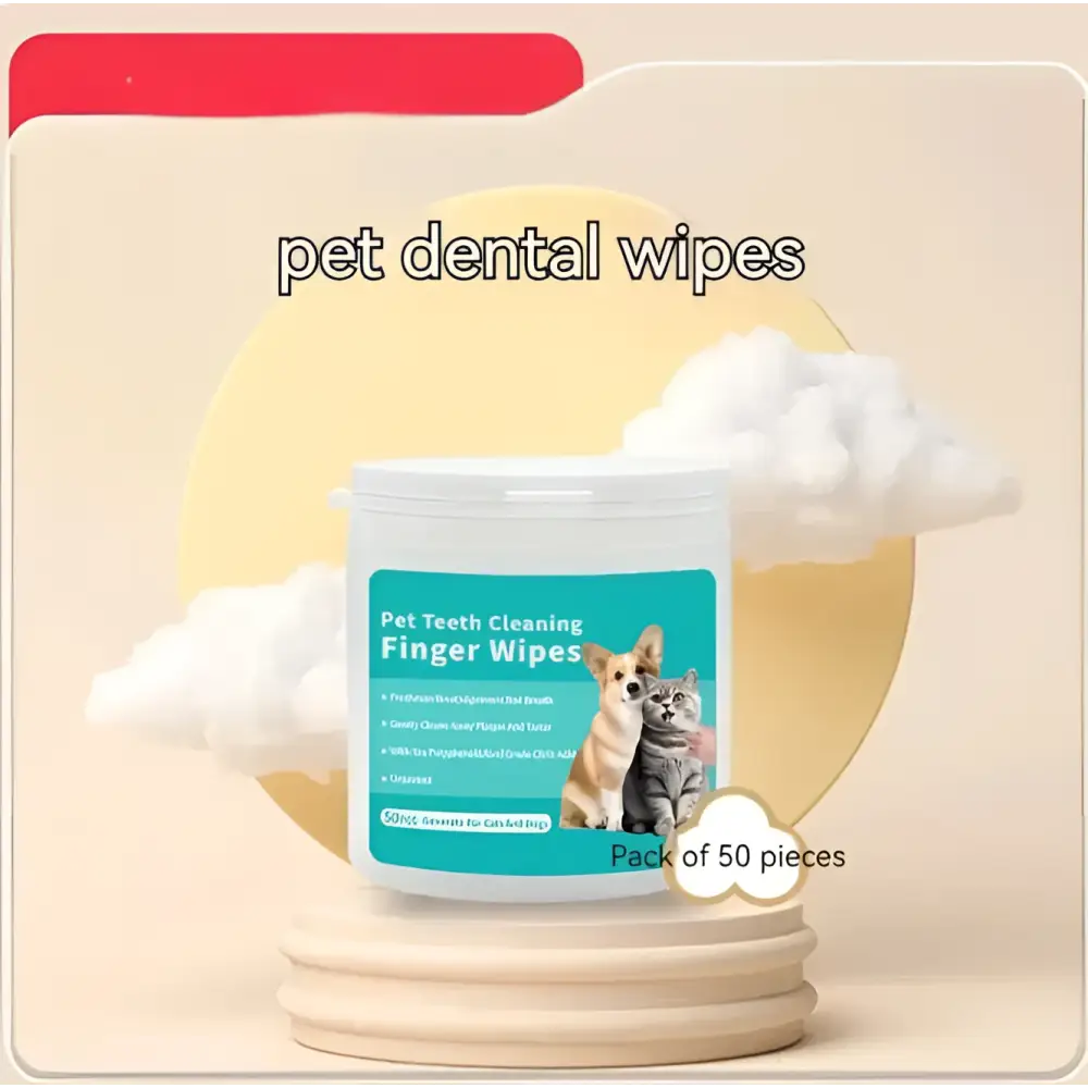 White plastic container of pet cleaning gloves with teal label featuring dog and cat images for pet dental care