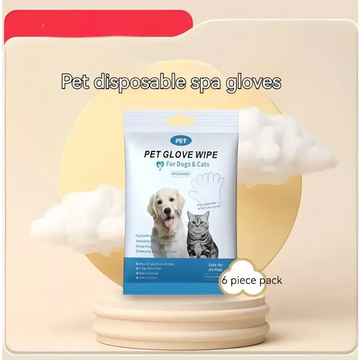 White and blue packaged pet cleaning gloves featuring a golden retriever and tabby cat for dogs and cats spa use