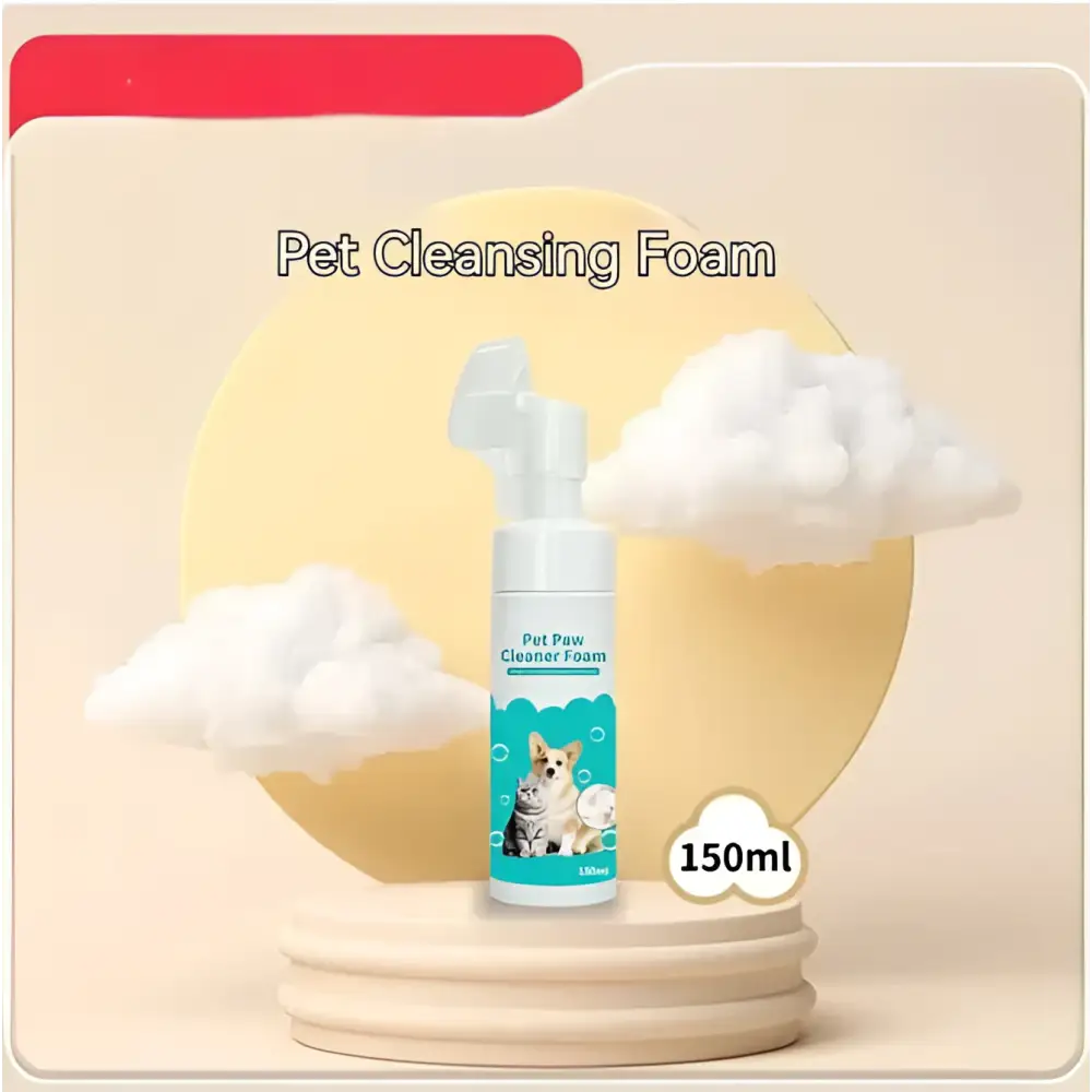 White plastic spray bottle with teal label and dog cat illustration pet cleaning gloves pet cleaning foam 150ml