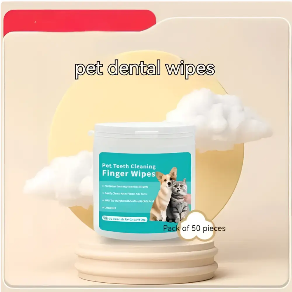 White plastic container of pet cleaning gloves with teal label featuring dog and cat images for dental care use