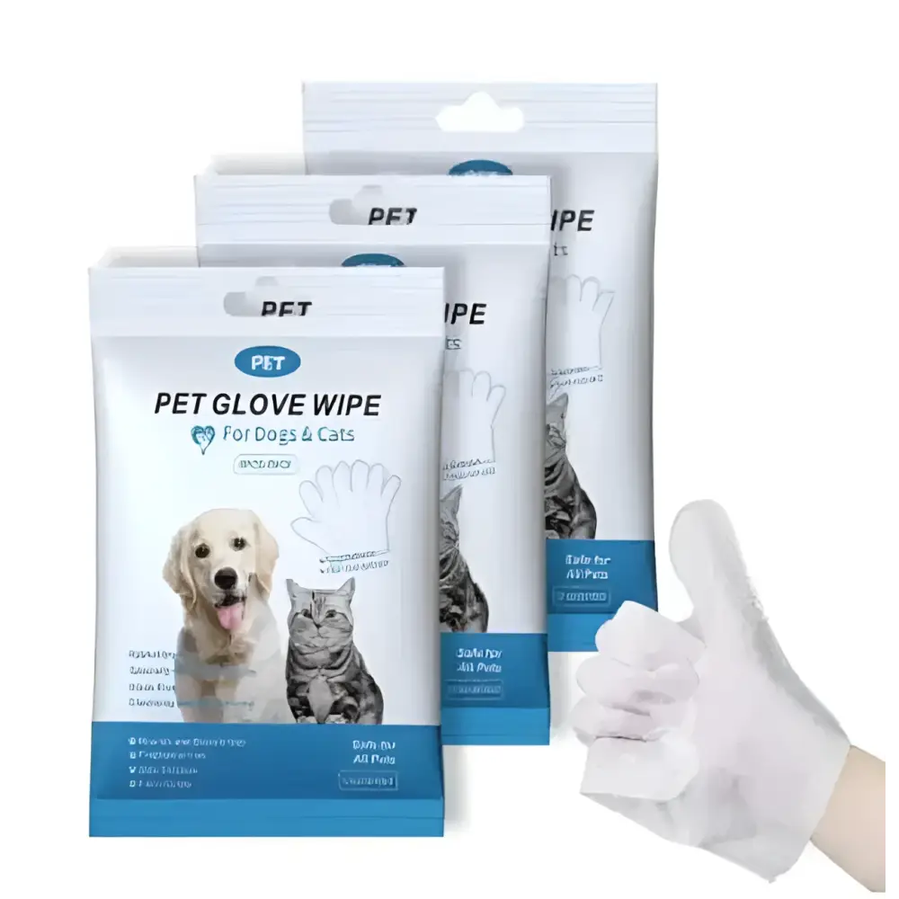 White pet cleaning gloves in a blue and white pouch featuring images of dogs and cats for pet cleaning use
