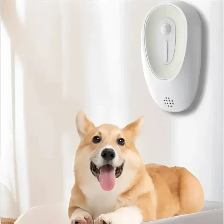 White wall-mounted pet odor eliminator night light with circular button and speaker grille for litter boxes
