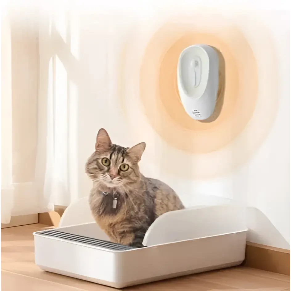 White wall-mounted sensor for pet odor eliminator night light designed to reduce odors in litter boxes