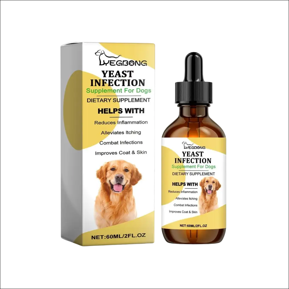 Lyegong pet skin care herbal yeast supplement in brown glass dropper bottle with golden retriever on yellow label