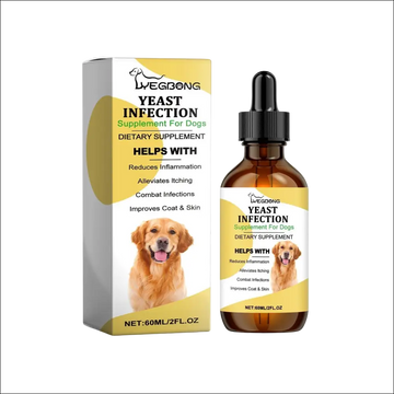 Lyegong pet skin care herbal yeast supplement in brown glass dropper bottle with golden retriever on yellow label