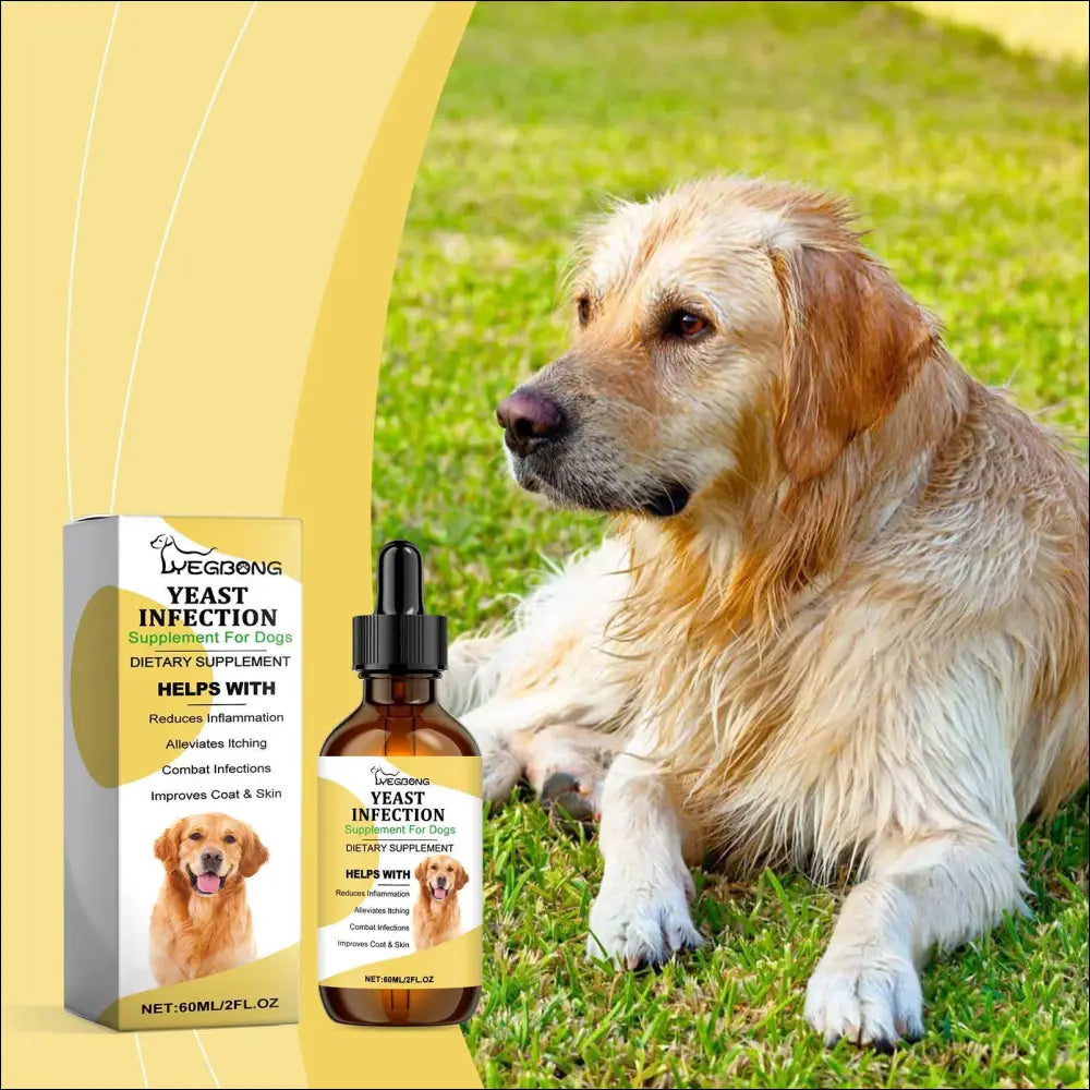 Amber glass bottle with black dropper cap and yellow label featuring golden retriever for lvegbong pet skin care herbal yeast supplement