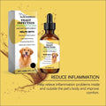 Amber glass dropper bottle with black cap and yellow lveg bong label featuring golden retriever for pet skin care herbal yeast supplement