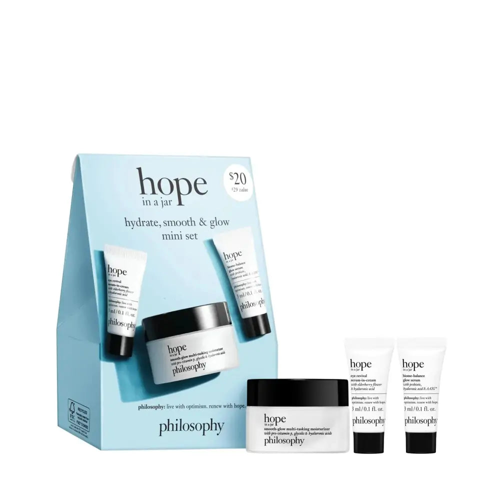 Light blue rectangular gift box with white tubes featuring the philosophy hope 3 piece skincare set mini collection