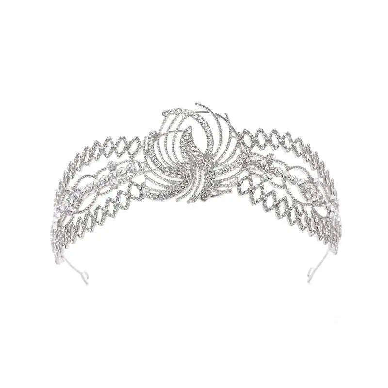 Silver rhinestone crown luxury with intricate phoenix motif and swirling metalwork luxury bridal headdress design