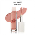 A transparent glass bottle of phoera high shine crystal lip gloss in sheer pinkish nude shade 102 with white cap and silver wand