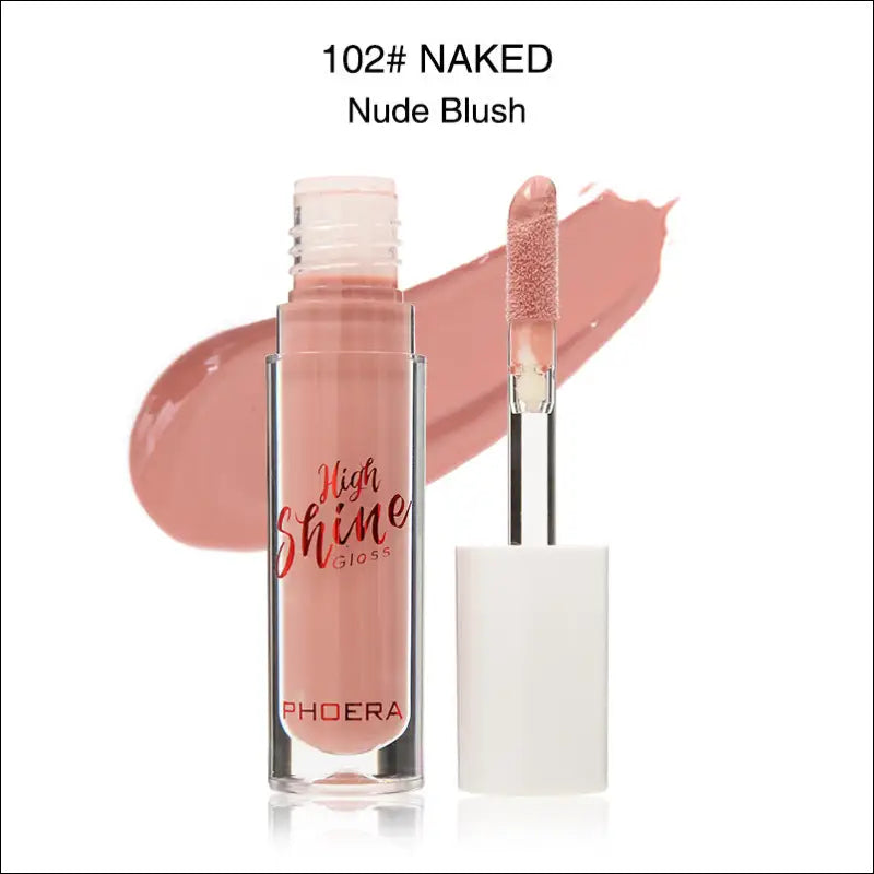A transparent glass bottle of phoera high shine crystal lip gloss in sheer pinkish nude shade 102 with white cap and silver wand
